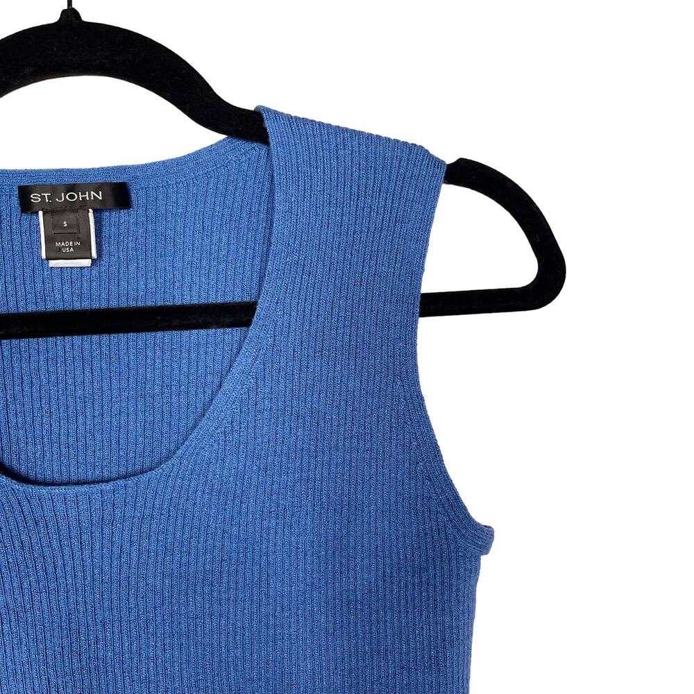 St John Small S Blue Ribbed Scoop Neck Wide Strap Shell Tank Top Wool Blend - Picture 3 of 6